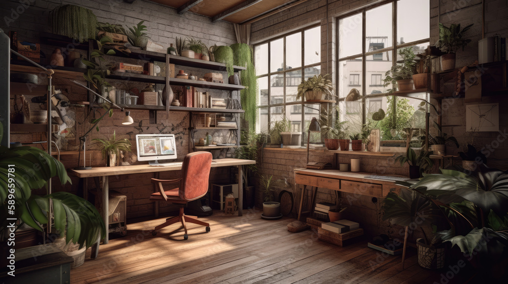 A home office interior idea, with industrial, bohemian, and naturalist design elements. Generative-AI-assisted interior inspiration, natural furniture concept