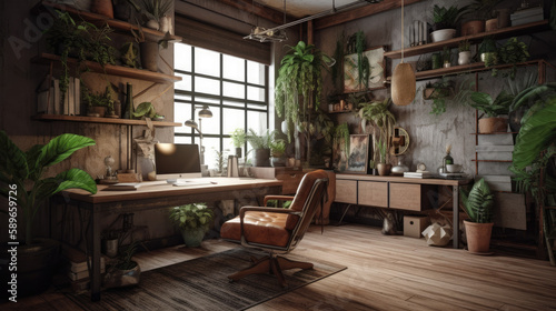 A home office interior idea, with industrial, bohemian, and naturalist design elements. Generative-AI-assisted interior inspiration, natural furniture concept © MonaMood