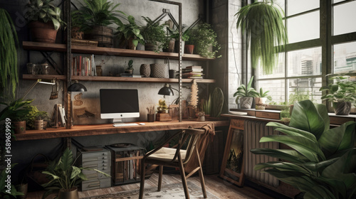 A home office interior idea, with industrial, bohemian, and naturalist design elements. Generative-AI-assisted interior inspiration, natural furniture concept © MonaMood