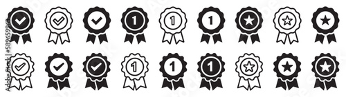 Set of approved or certified medal icons. Approval check signs, verified, quality symbol. Certified, qualified, the best, check mark and number one. Vector.