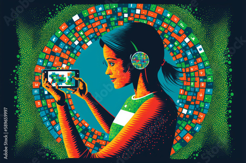 Person with a smartphone surrounded by blue and green pixels, symbolizing mobile apps. Connected technology conveying feelings of modernity and innovation. Generative AI photo