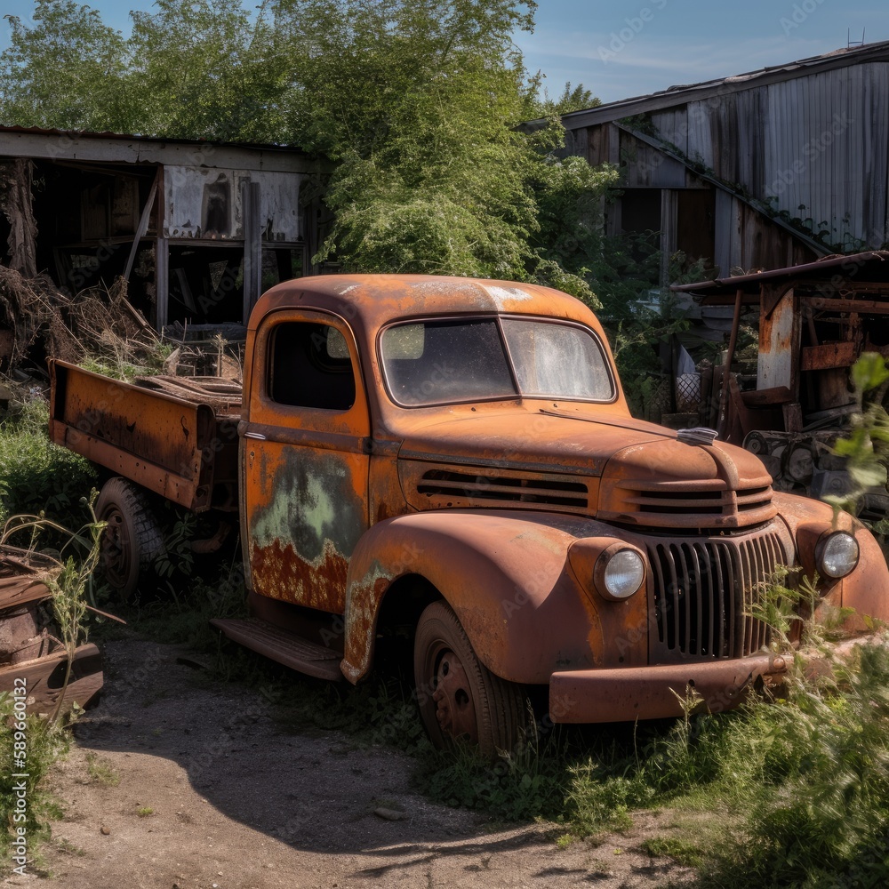  old pick uptruck on the yard, scrapped, no wheels, realistic, photography, generative ai