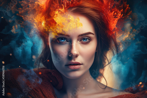 Ethereal Woman Portrait with Fire   Ice Elements  generative ai