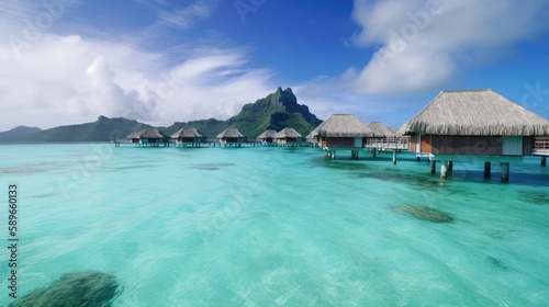  Over water bungalows with steps into amazing green lagoon, realisitc, photography, generative ai