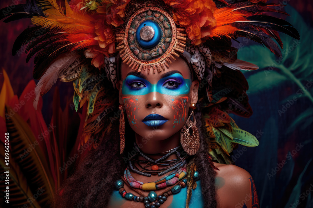 Exotic Portrait of a Tribal Goddess in Vibrant Colors, generative ai