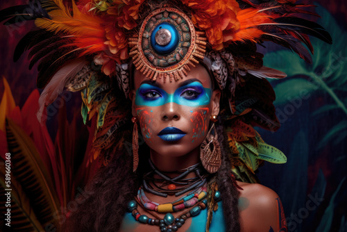 Exotic Portrait of a Tribal Goddess in Vibrant Colors, generative ai