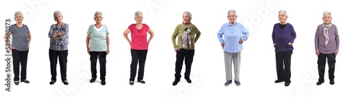 Foto line of  front view of the same woman senior in different outfits at different t