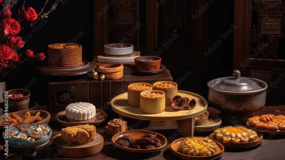  traditional treats of Katsong's full moon day celebrations, including beautifully decorated mooncakes and other delicacies associated with the festival, realistic, photographic, generative ai