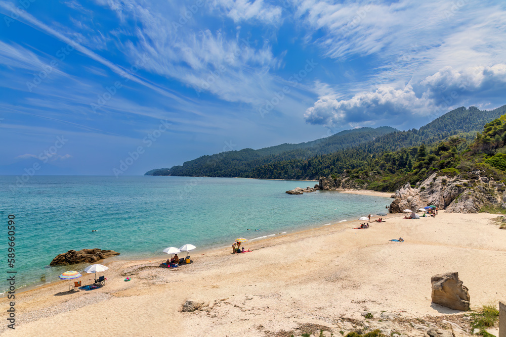 View on calm Fava sand beach near Vourvourou, Greek peninsula Sithonia, Chalkidiki