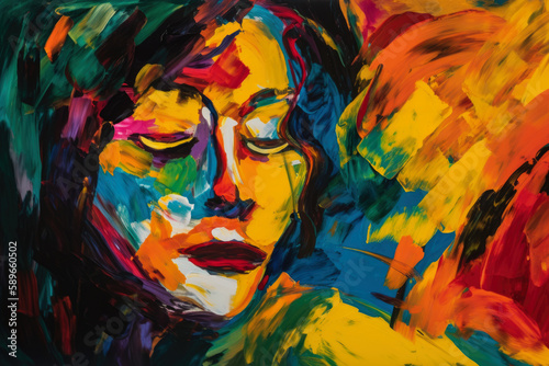 Expressionist portrait of a woman with bold brushstrokes and vivid colors in the modernist art style, generative ai