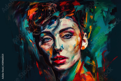 Expressionist portrait of a woman in avant-garde fashion with bold brushstrokes and emotional intensity, generative ai