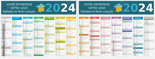 Calendrier 2024 14 mois au format 320 x 420 mm recto verso entièrement modifiable via calques et texte sans serif - vacances officielles