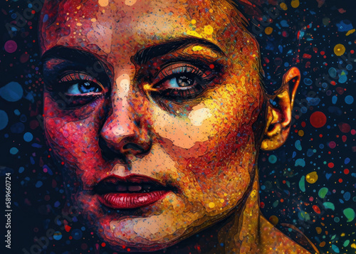 Expressive portrait of a woman in pointillism art style, with bold colors and dramatic lighting, generative ai