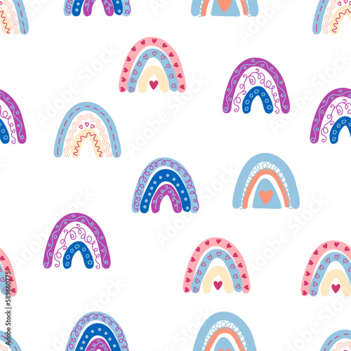 Seamless pattern graceful rainbows in boho colors. Scandinavian baby hand style for newborns.