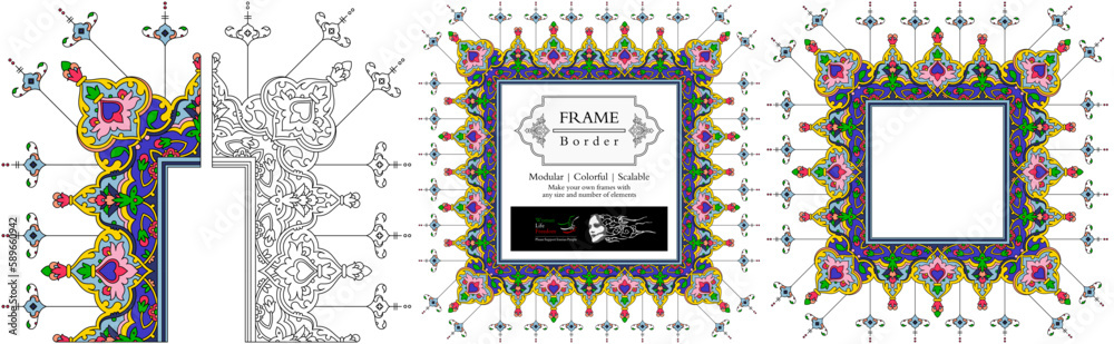 Frame mandala persian arabic turkish islamic hindi indian tibetan traditional colorful vector pattern texture vintage ornate retro elegant ornamental borders frames floral ornaments tazhib 24-v1 - obrazy, fototapety, plakaty 