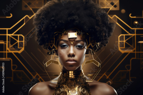 fierce and regal portrait of a woman with a stunning afro hairstyle, adorned with intricate gold jewelry and surrounded by floating geometric shapes, generative ai
