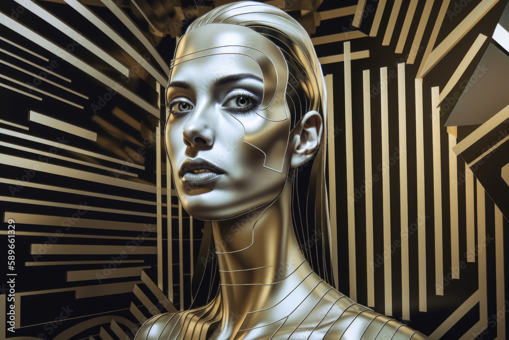 Futuristic Op Art Portrait of a Woman with Metallic Elements and Futuristic Shapes, generative ai