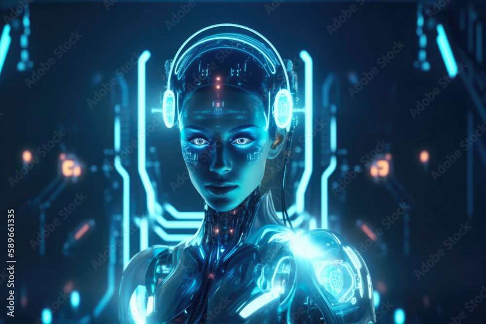 Futuristic cyborg woman with glowing eyes and robotic enhancements, standing in a high-tech laboratory, generative ai