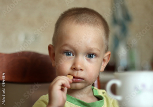 Toddler boy eating snack. Healthy grow childhood