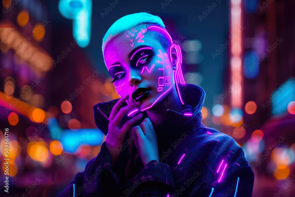 Futuristic Woman with a Glowing Neon Makeup in a Cyber City, generative ai