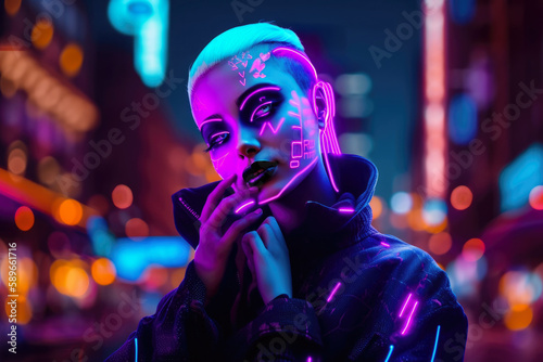 Futuristic Woman with a Glowing Neon Makeup in a Cyber City, generative ai