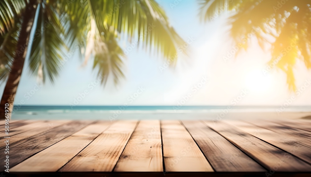Wood table top with seascape and palm leaves, beautiful view tropical beach background, generative ai Wood table top with seascape and palm leaves, beautiful view tropical beach background, generative ai