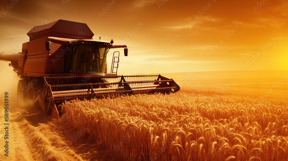 Naklejka premium Productive Summer Day: Combine Harvester Collecting Bountiful Wheat