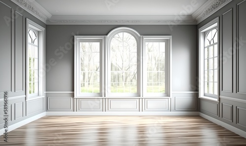 Interior of an empty room with windows, modern classics, generative ai