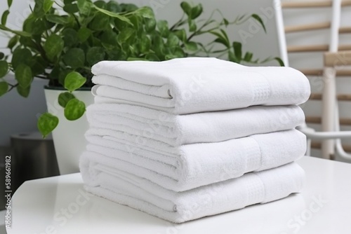White clean towels stack on table in bathroom, generative ai image