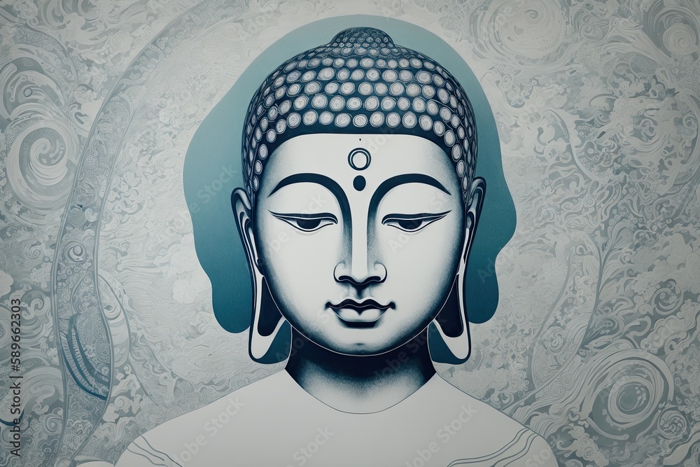 A flat illustration of the face of Buddha, with a serene expression, adorned with the Sanskrit Om Mani Padme made with Generative AI technology A flat illustration of the face of Buddha, with a serene expression, adorned with the Sanskrit Om Mani Padme made with Generative AI technology