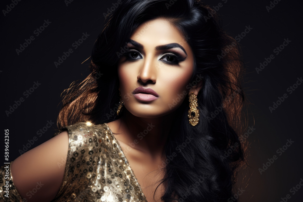 Glamorous Bollywood actress in a sequined dress with bold makeup and confident expression, generative ai