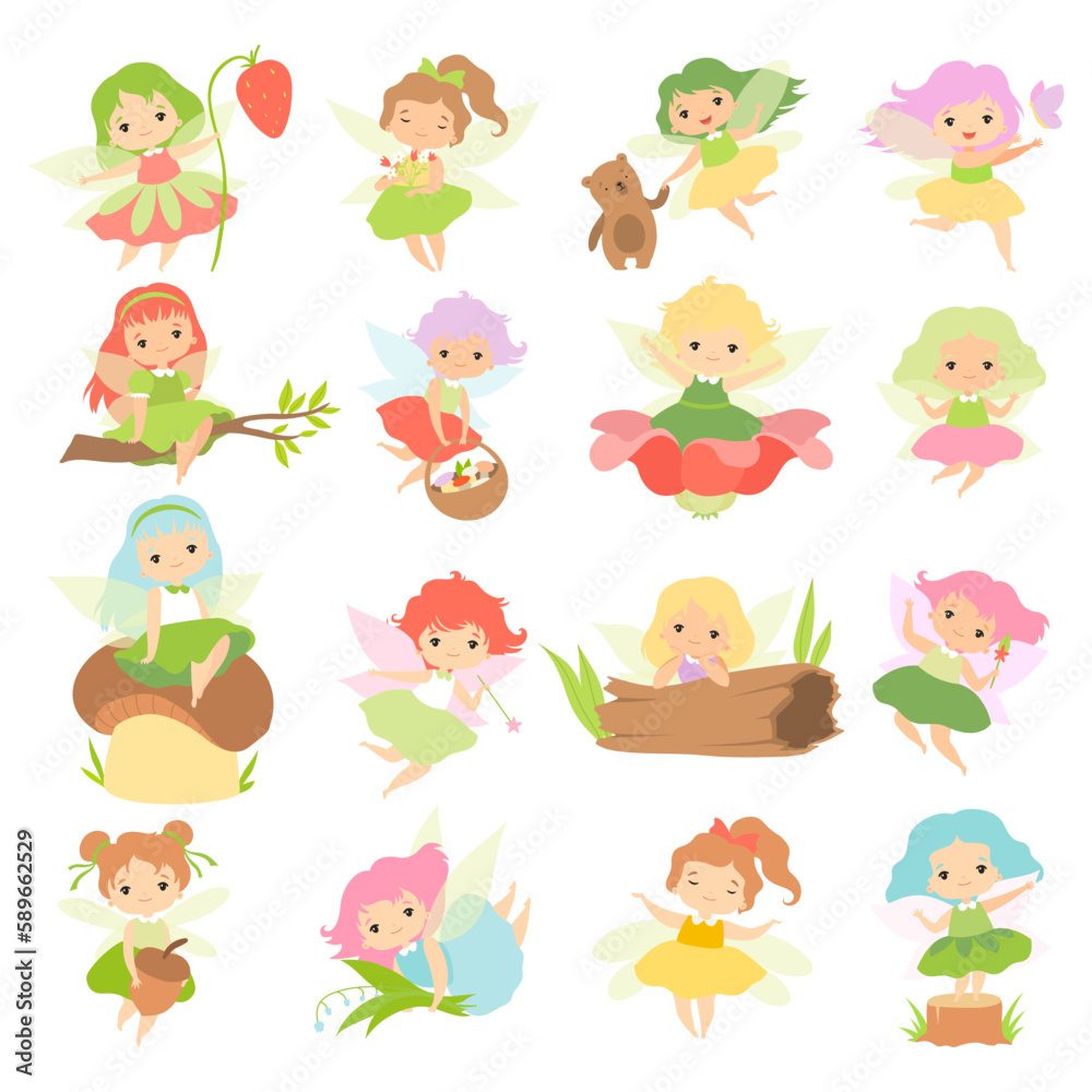 Little Fairy or Pixie with Wings as Woodland Nymph Big Vector Set Little Fairy or Pixie with Wings as Woodland Nymph Big Vector Set