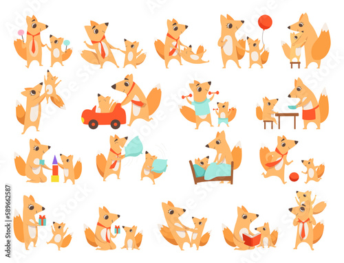 Loving Fox Mom and Dad Character with Its Cub Engaged in Different Activity Vector Big Set