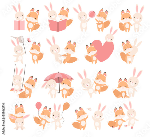 Pretty Little Bunny and Fox Cub Playing Together as Best Friends Big Vector Set