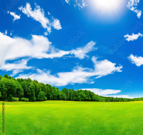 Sunny day. Panoramic natural landscape with green field and blue sky. Generative AI
