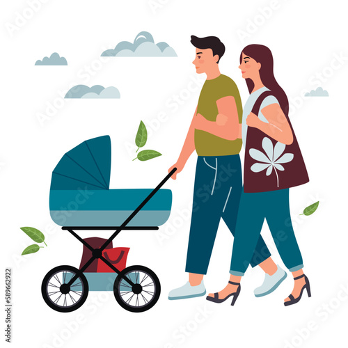 Young couple with a baby in a stroller.Man and woman walking with a newborn in the summer.Happy adult parents.Relatives having fun together.Vector flat cartoon illustration isolated on white.
