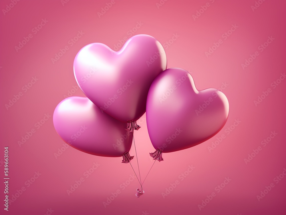 Pink heart shaped balloons on a pink background. 3D illustration.