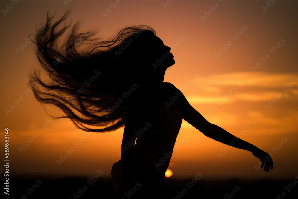 Graceful woman in silhouette, with hair blowing in the wind and arms outstretched against a sunset sky, generative ai