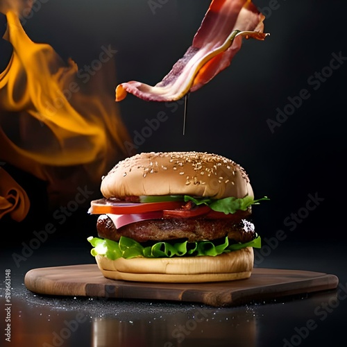 Delicious hamburger, with homemade meat, lots of cheese and bacon, with a black background and fire scene bacon fly