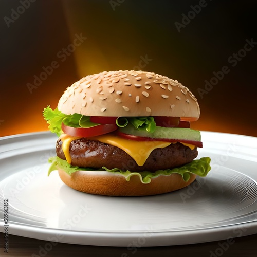 Delicious hamburger, with homemade meat, lots of cheese and bacon, with a black background and fire scene 