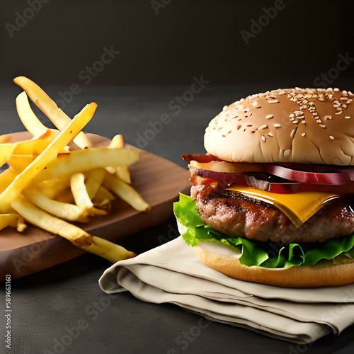 Delicious hamburger, with homemade meat, lots of cheese and bacon, with a black background and fire scene and potato