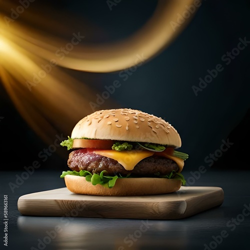 Delicious hamburger, with homemade meat, lots of cheese and bacon, with a black background and fire scene.