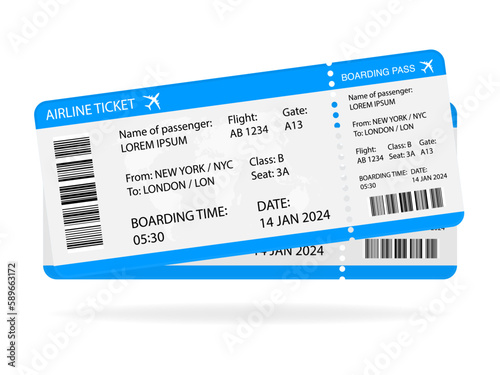 Realistic airline tickets design with passenger name. Vector illustration. 