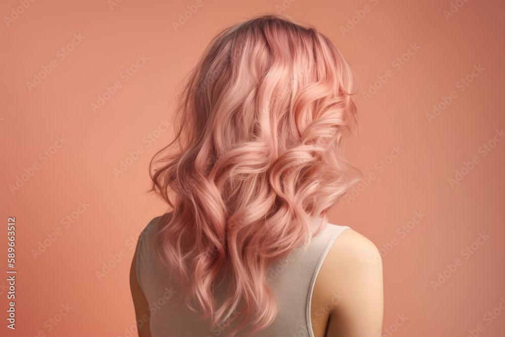 Fototapeta premium Closeup back view of a woman's head with beautiful hair in loose pink color on a pastel beige color, fashion and beauty concept. Generative AI.
