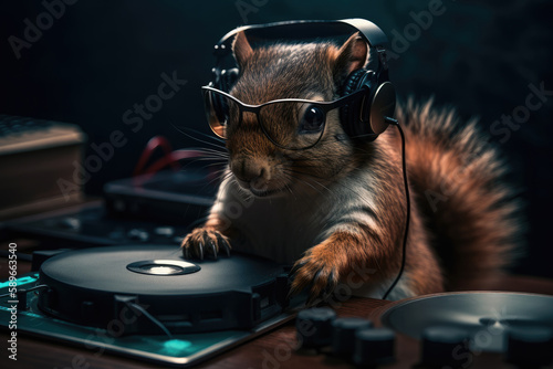 DJ squirrel in sunglasses and headphones uses DJ equipme, console and DJ concerts concept, music making. Generative AI.