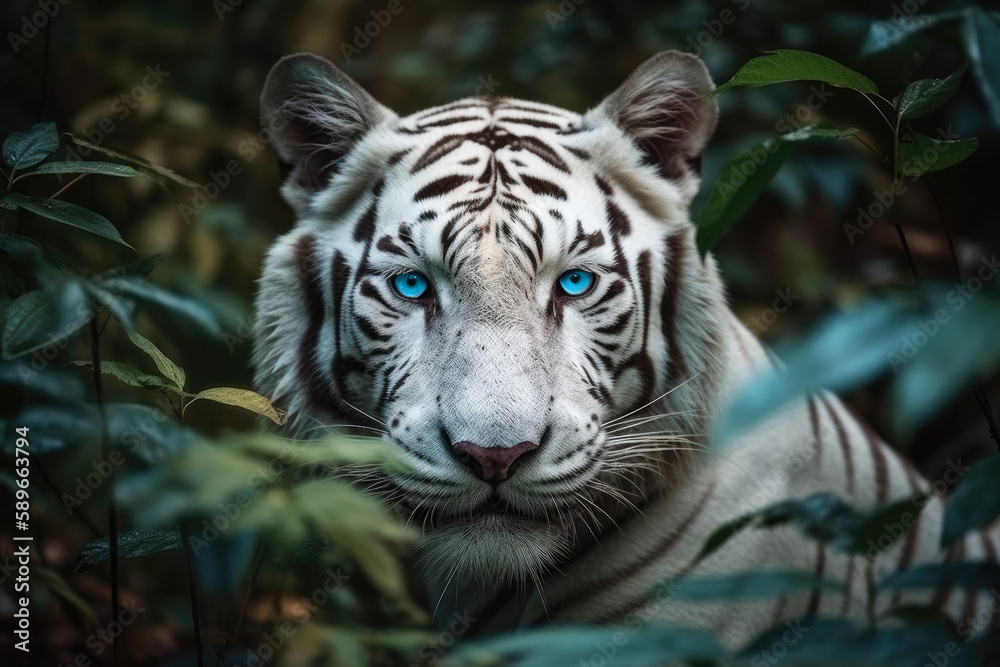 Beautiful white tiger with blue eyes among plants in the forest hiding behind green thickets. Generative AI.