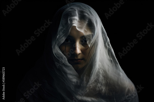 haunting portrait of a woman with a veil, symbolizing mystery, intrigue, and hidden identity, generative ai