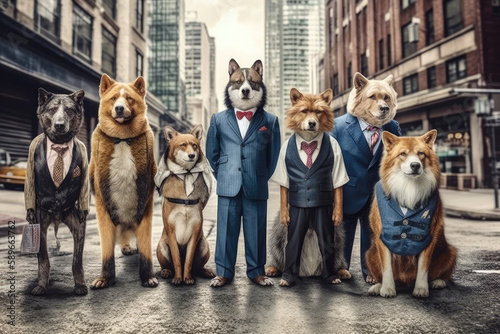 Various animals like dogs, bears dressed in a suit like businessman in the stock market invest money, concept of hard business and financial investments. Generative AI.