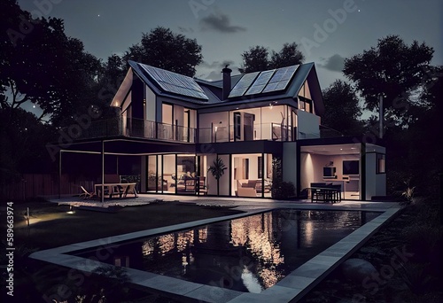 Night view of a beautiful modern house with solar panels and a swimming pool. Generative AI