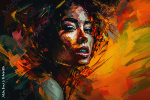 Intense and fiery portrait of a woman with a fierce expression, highlighted by bold strokes of contrasting colors and set against a background of warm hues, generative ai